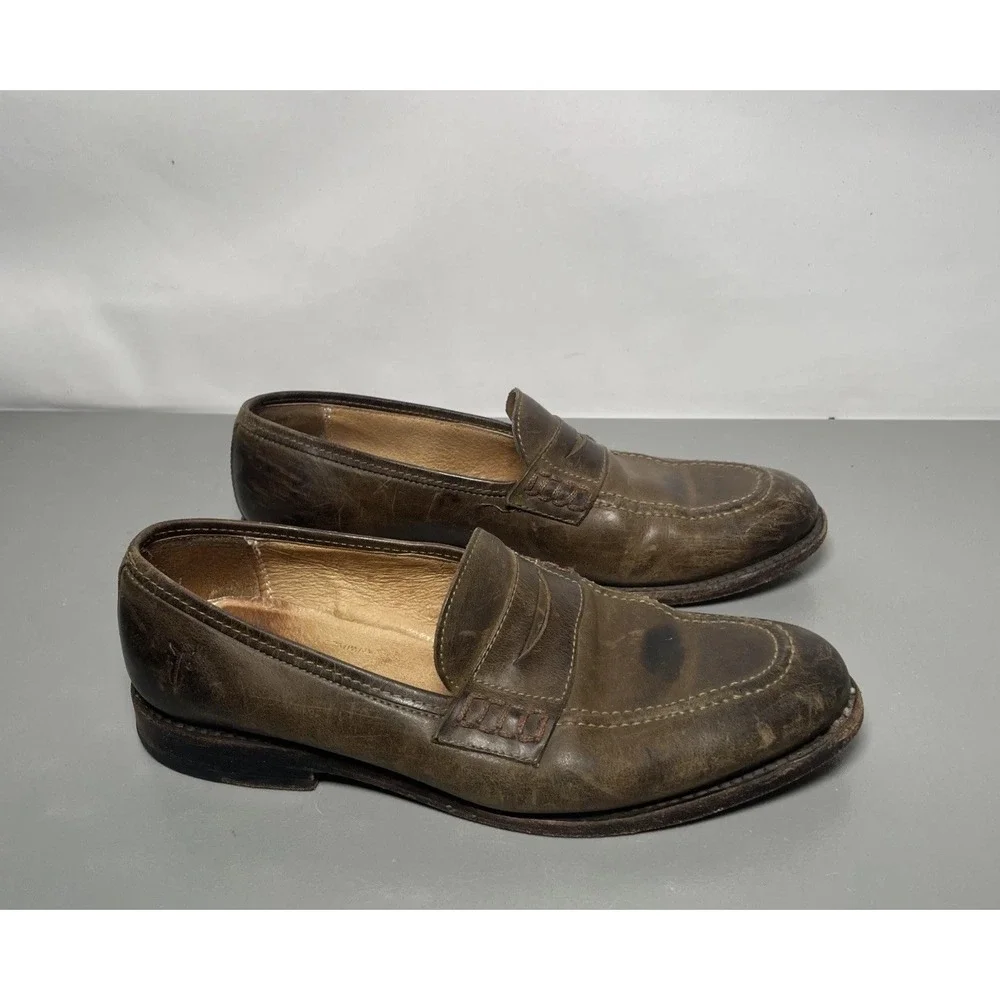 Frye Distressed Oiled Leather Penny Loafers Stacked Heel Men's Size 8.5B